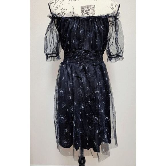 Off Shoulder Goth Witch Moon Print Contrast Mesh Flared Shirred Dress L NWT - Picture 12 of 16